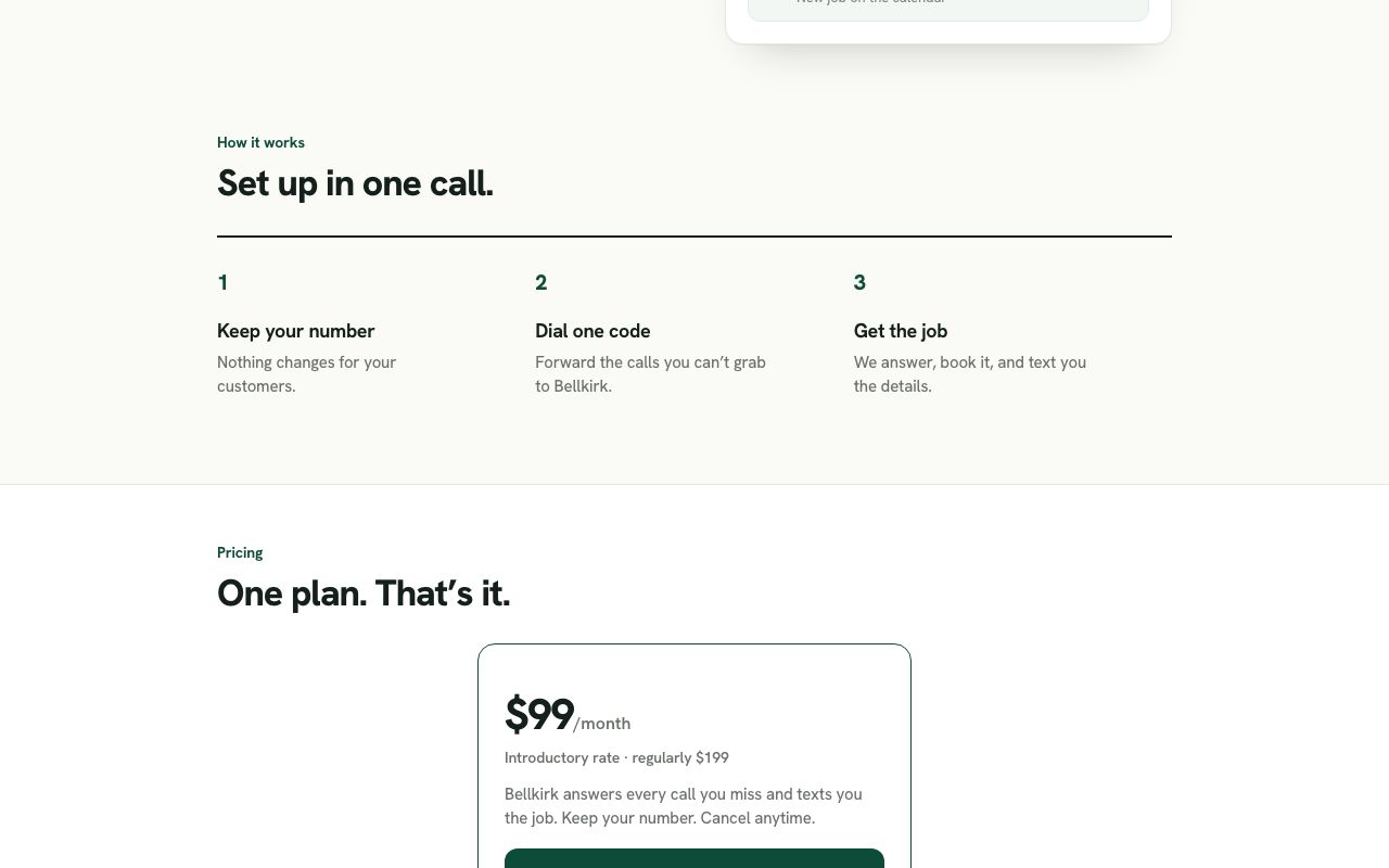 Set up in one call — keep your number, dial one code, get the job