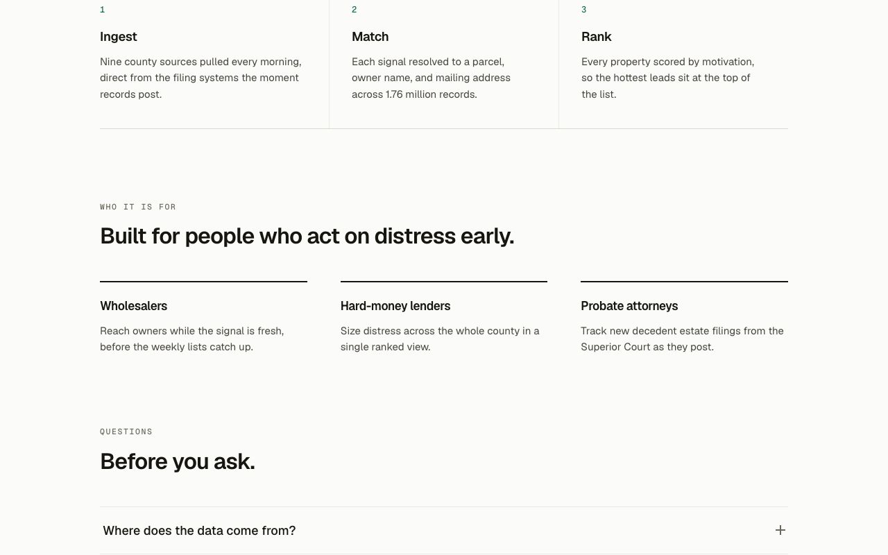 Ingest, match, rank — built for wholesalers, hard-money lenders and probate attorneys