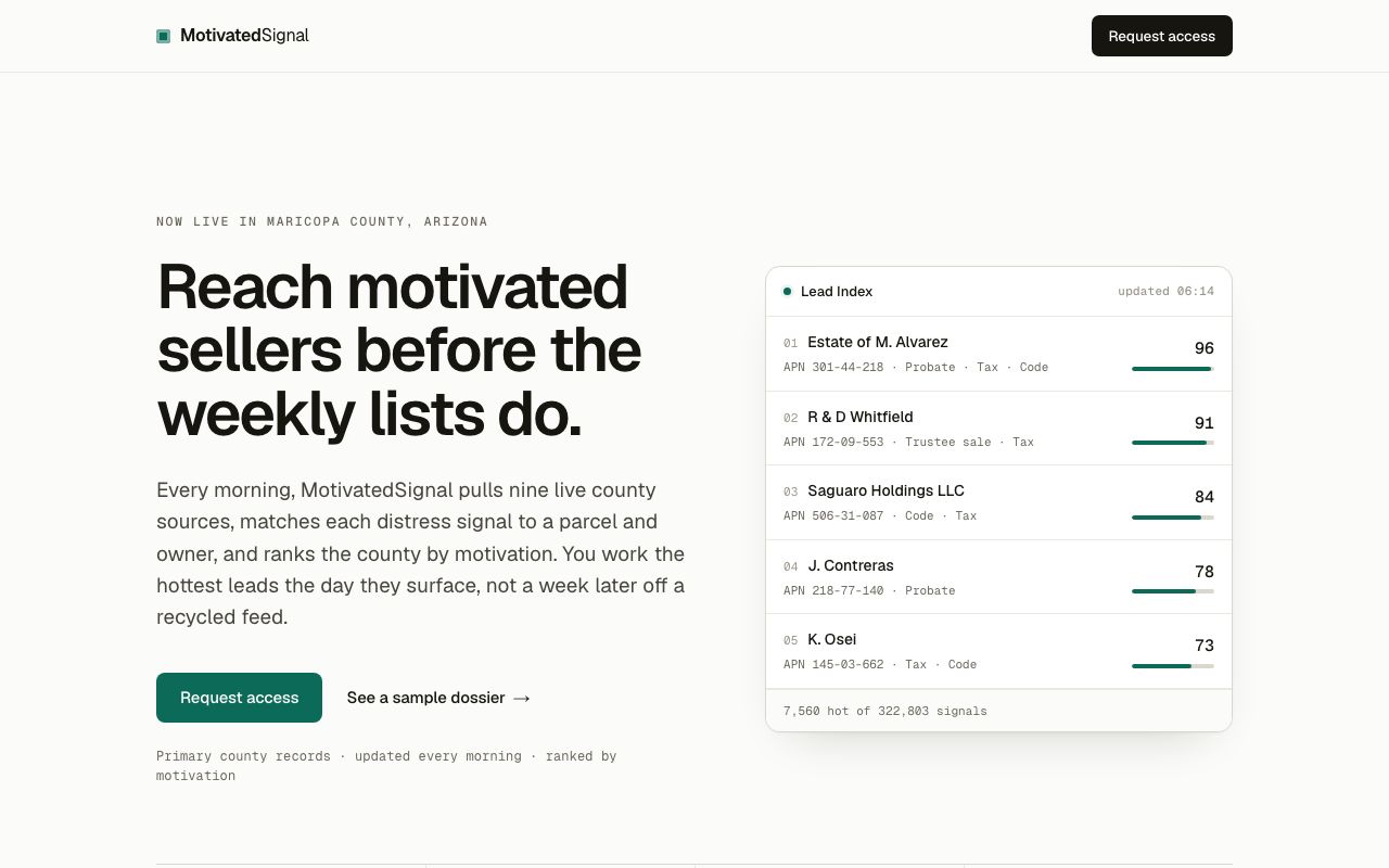 MotivatedSignal — daily motivated-seller lead lists for wholesalers and investors